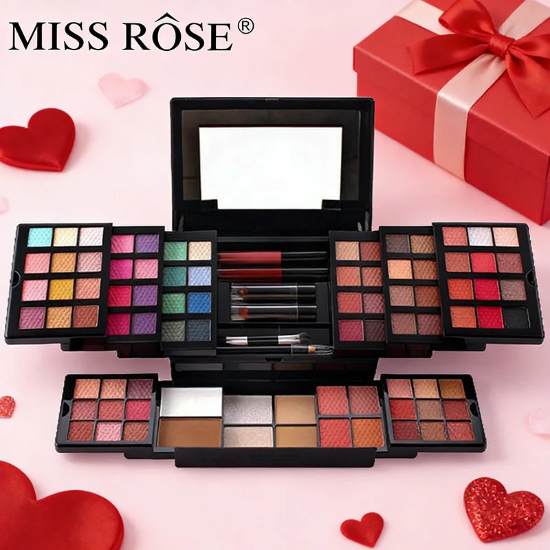 

MISS ROSE 104-цветная пудра для теней для век, глянцевая губная помада, зеркало для макияжа, прочный, легкий макияж, многофункциональный набор для макияжа
