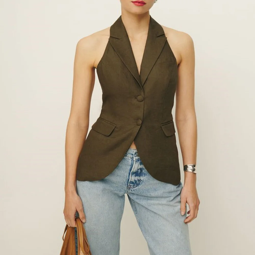 

Women's Vest Linen Hanging Neck Notched Lapel Slimming Brown Summer Sleeveless Solid Color Vests Top жилетка женская