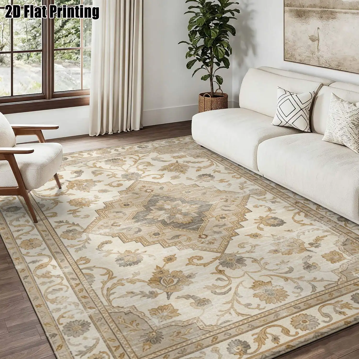 1Pc 2D Printed Retro Beige Floral Carpet, Also in Vintage & Geometric Designs Ideal Home Decor, Multi-Size, Machine Washable, Suitable for Entryway, Dining Room, Foyer, Bedroom, Living Room.