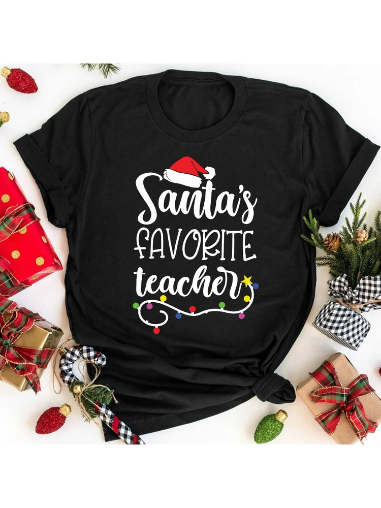 Santa's Favorite Teacher Christmas Lights Women Graphic T Shirts Short Sleeve Aesthetic Vintage Tee Female Streetwear Clothes