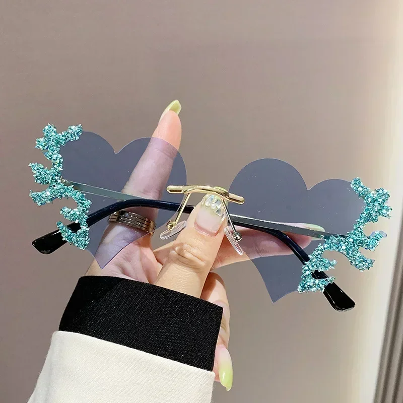Rimless Sunglasses Women Luxury Brand Rhinestone Sun Glasses Ladies Cute Heart Shape Punk Party Eyewear очки від сонця женские