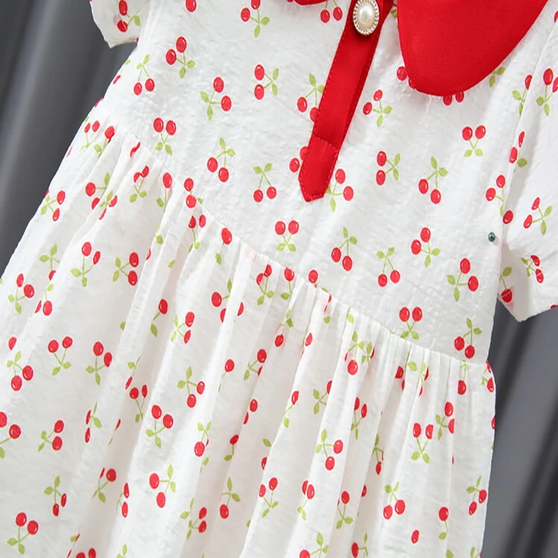 Summer 2024 girls fashion casual solid color printed cherry princess dress/short sleeved dress 1-4 years old