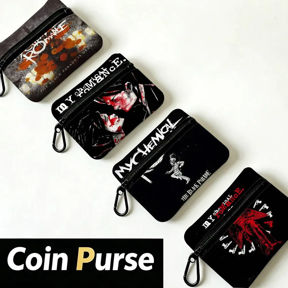 Rock Band My Chemical Romance Portable Oxford Cloth Coin Purse Alloy Carabiner Hook Small Zipper Pouch For Backpack Belt Daily