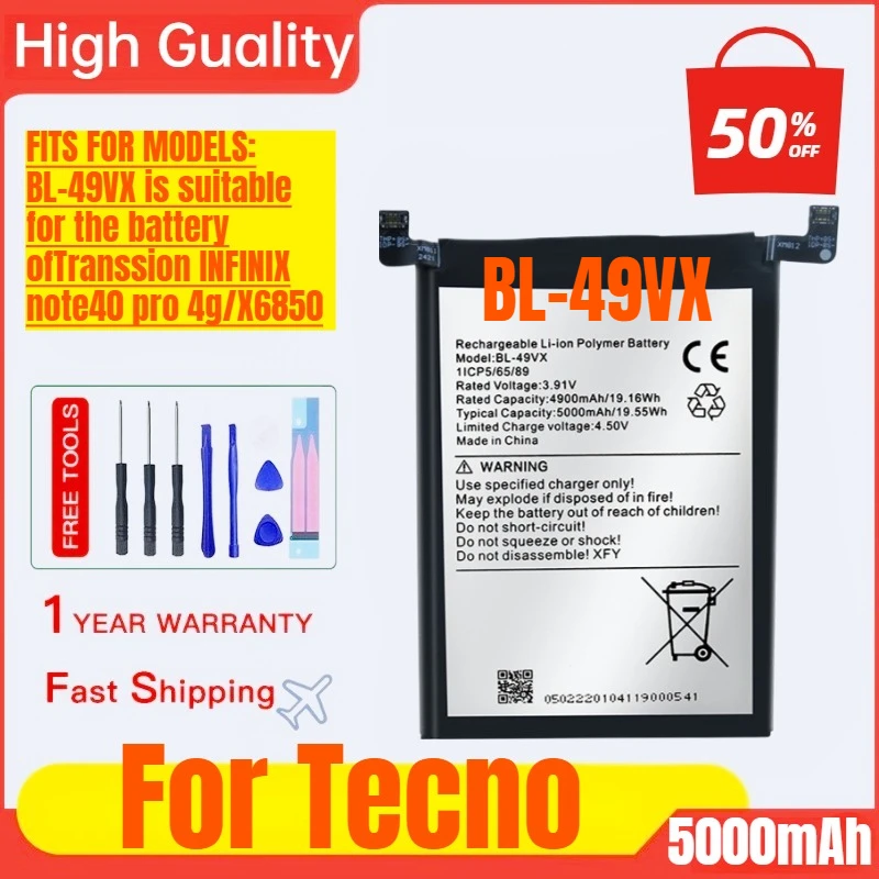 

BL-49VX for Tecno Transsion INFlNlX Note40 Pro 4g/X6850 Mobile Phone Battery High Capacity Replacement Bateria with Tools