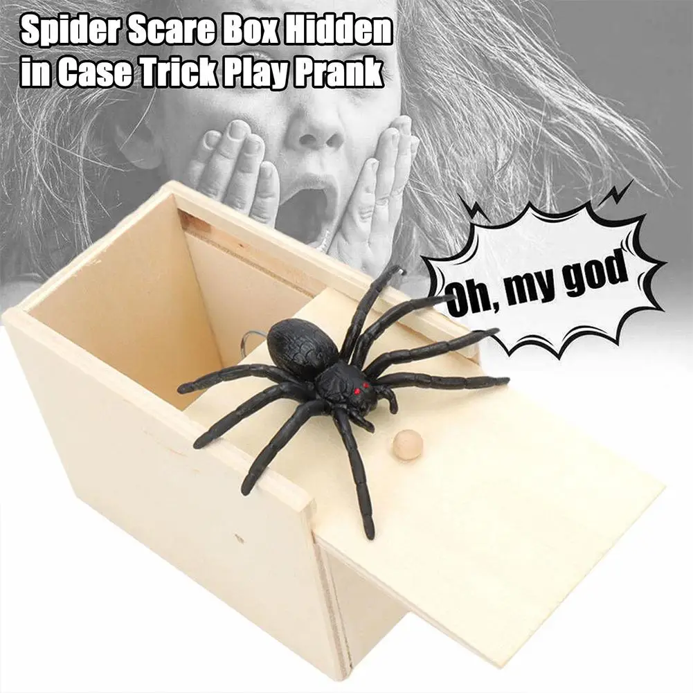 Spider Prank Box Pop Out Rubber Spider Handmade Wood Scare Box Party Game Surprise Joke Funny Trick Toy For Halloween Gifts