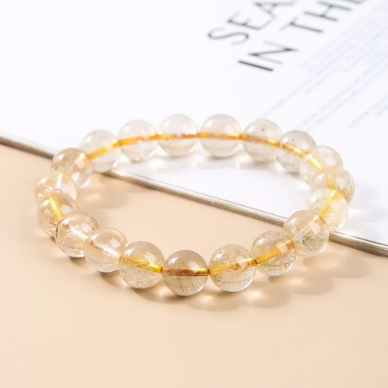 JD Natural Ice Gold Color Rutilated Quartz Bead Bracelet Women Fashion Reiki Healing Crystal Clear Bead Strand Bangles Gifts