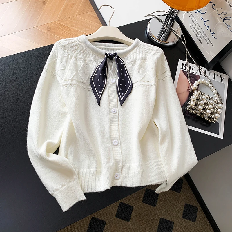 

Корейский вязаный свитер с галстуком-бабочкой, шарф для женщин, зимний шерстяной кардиган Camere с сердечком и узлом