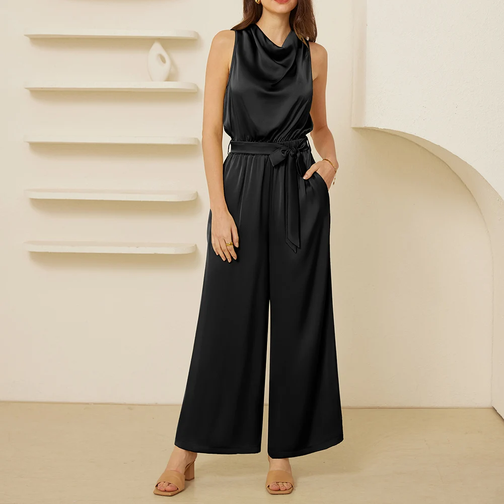 GK Women Jumpsuit Wide Leg Satin Silky Sleeveless Luxury Cowl Neck Elastic Waist Palazzo Pants With Belt High Waist playsuit