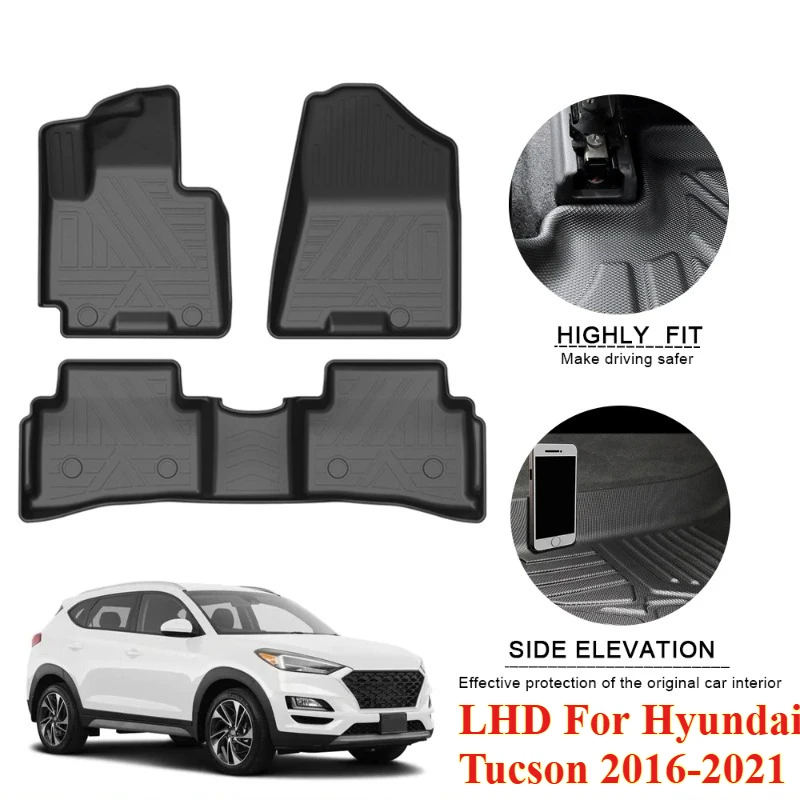 Conjunto de 3 Tapetes de Carro LHD para Hyundai Tucson 2016-2021, Tapete de Borracha Impermeável, Acessórios para Interior de Carro