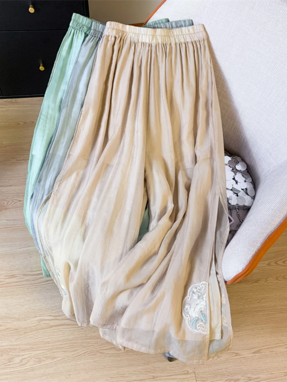 Verano Fre Color puro pantalones de pierna ancha cintura elástica seda algodón lino nueve puntos viaje Sle pantalones casuales para mujer