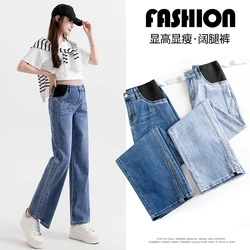 9089# Spring Autumn Denim Maternity Jeans Wide Leg Adjustable Side Elastic Low Waist Pants Clothes for Pregnant Women Pregnancy