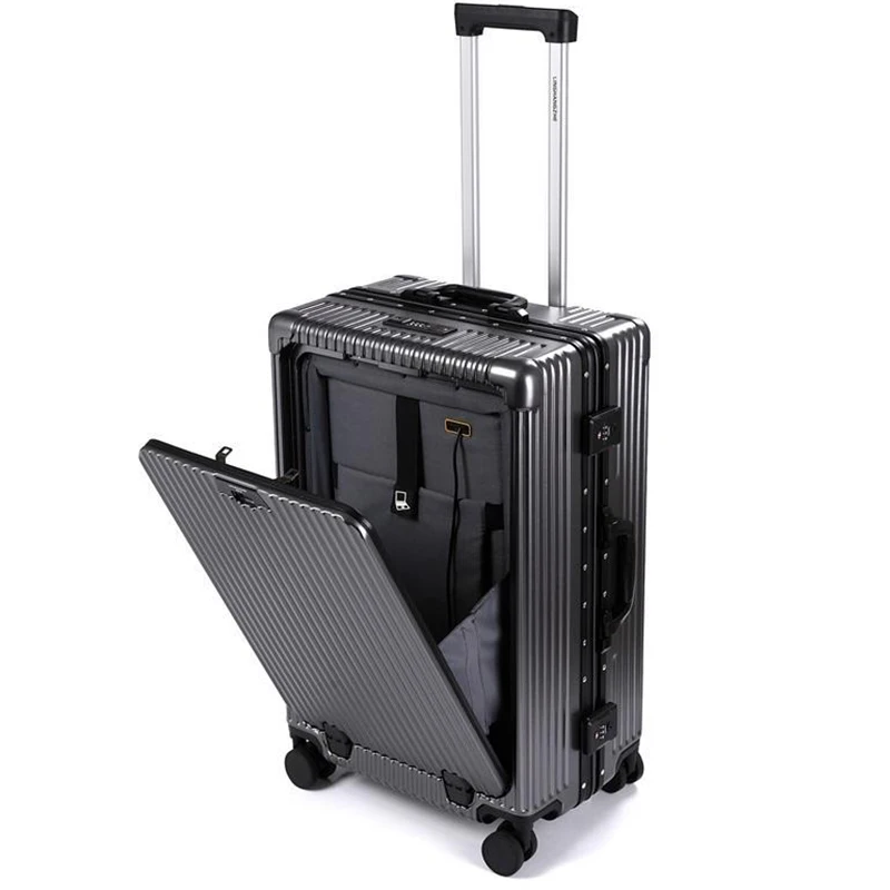 Universal Wheel Luggage Front Opening Suitcase With Cup Holder USB Port Aluminum Frame Phone Rack 20 24 Inch