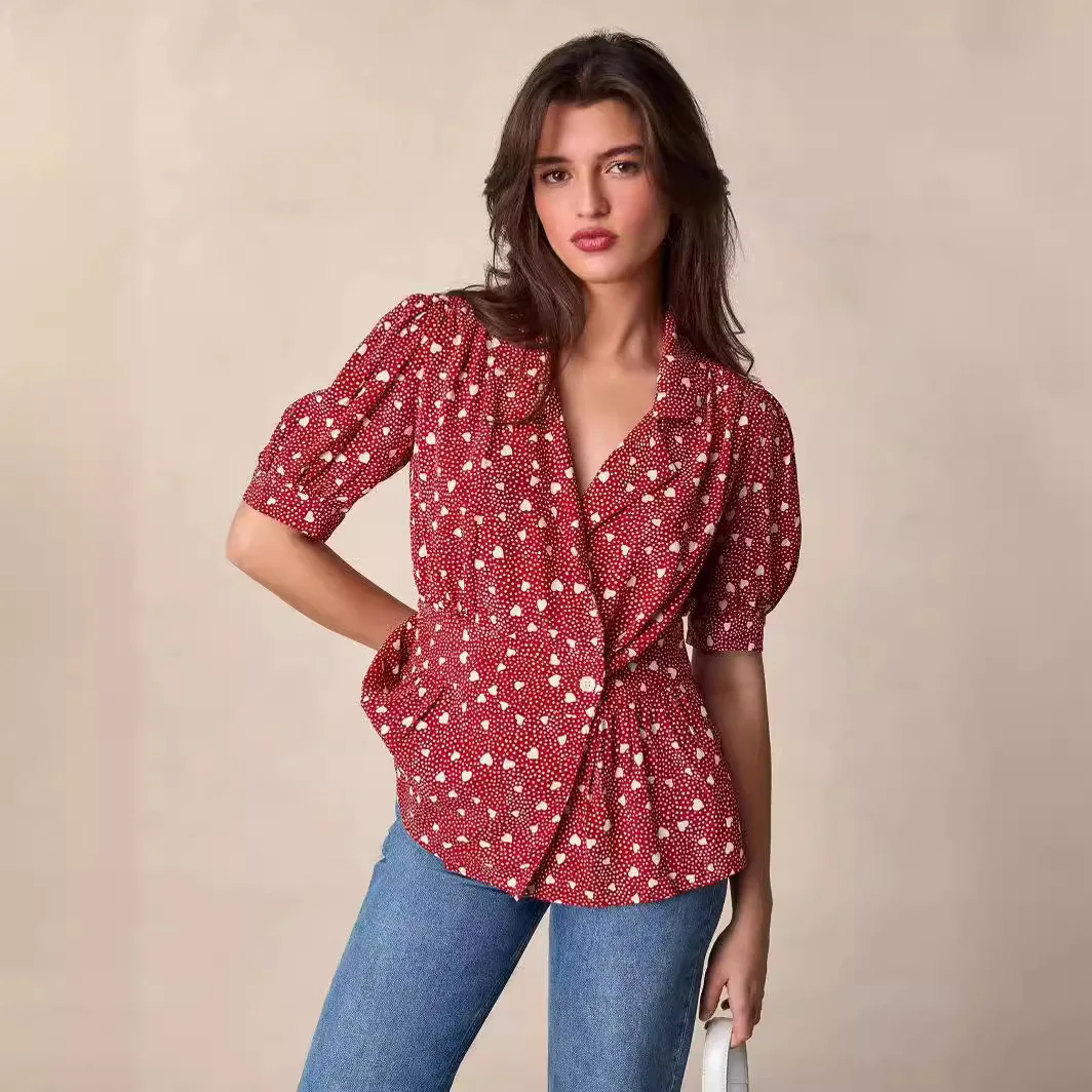 

French Sle Heart Print Casual Wrap Top Bubble Sve irt Turn-down Collar Spring Summer New Arrival Women's Faion irt