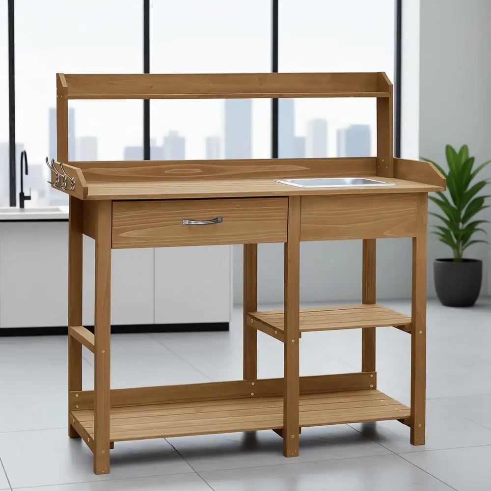 Garden Table for Outdoors with Removable Stainless Sink, Planting Work Bench with Storage Shelves and Drawer, Natural