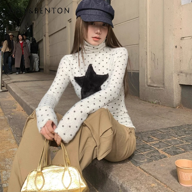 

French Retro Pile Collar Polka Dot Women's Bottoming Shirt Autumn Winter Versatile Long Sleeve Slimming High Neck T-Shirt Ladies
