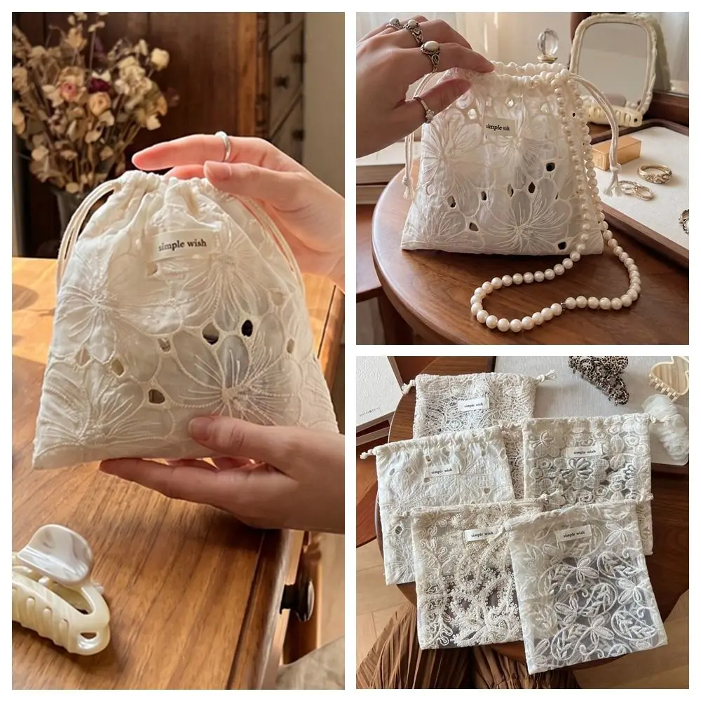 

Portable Embroidery Flower Drawstring Pouch Retro Mesh Cute String Bags Lightweight Multicolor Small Makeup Bag Home Supplies