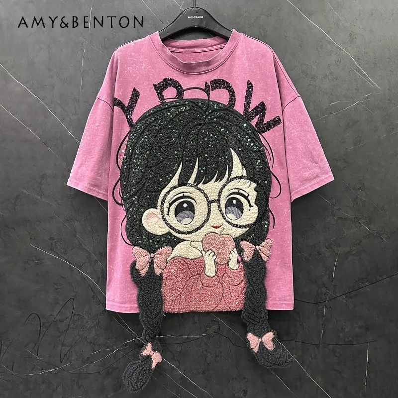 

Autumn New 2025 Flocking Embroidery Cartoon Pigtails Little Girl Short Sleeved T-Shirt Ladies Loose Casual Age-Reducing Top Tees