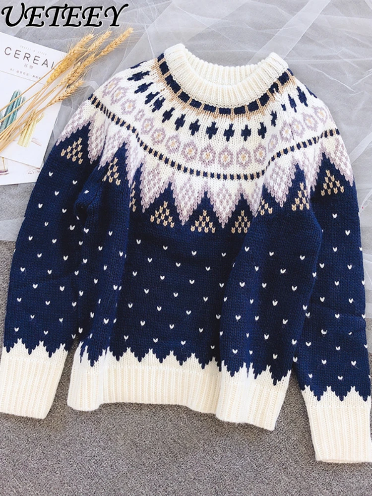 

Autumn Winter Japanese Young Vintage Heavy Industry Sweater Soft Milk Blue Sweater Cute Loose All-Matching Wool Pullover