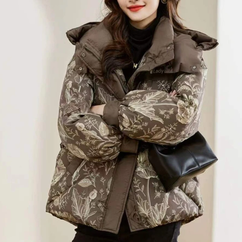

2025 New Trendy Floral Print Down Coat Winter Women's Hooded Warm Jacket Youthful Loose Hooded Outerwear