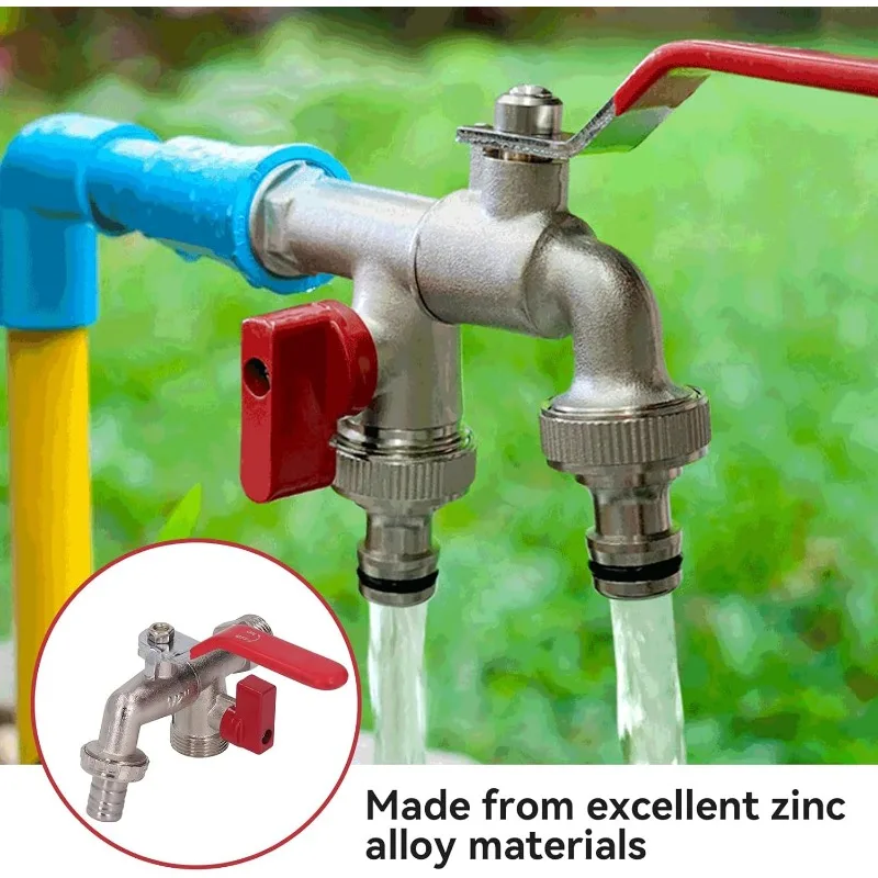 Industrial and Home Irrigation Zinc Alloy Garden Bibcocks 1 Inlet 2 Outlet Bibcock with Dual Nipple and Outdoor Balcony Faucet