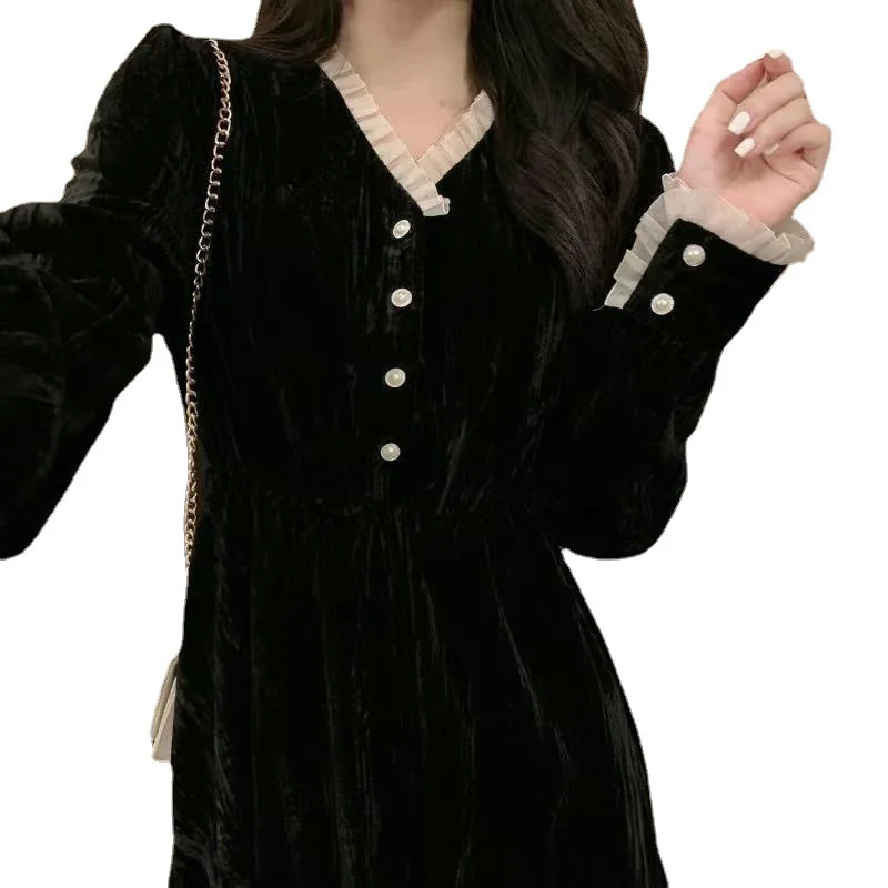 Платье Женское Elegancka czarna sukienka damska dla dziewczynek Zimowa ciepła jesienna seksowna sukienka z długim rękawem z dekoltem w szpic