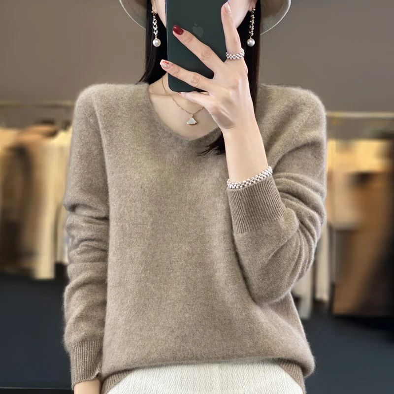 New 100% Merino pure wool sweater in autumn and winter women\'s V-neck knitted long-sleeved solid color warm sweater