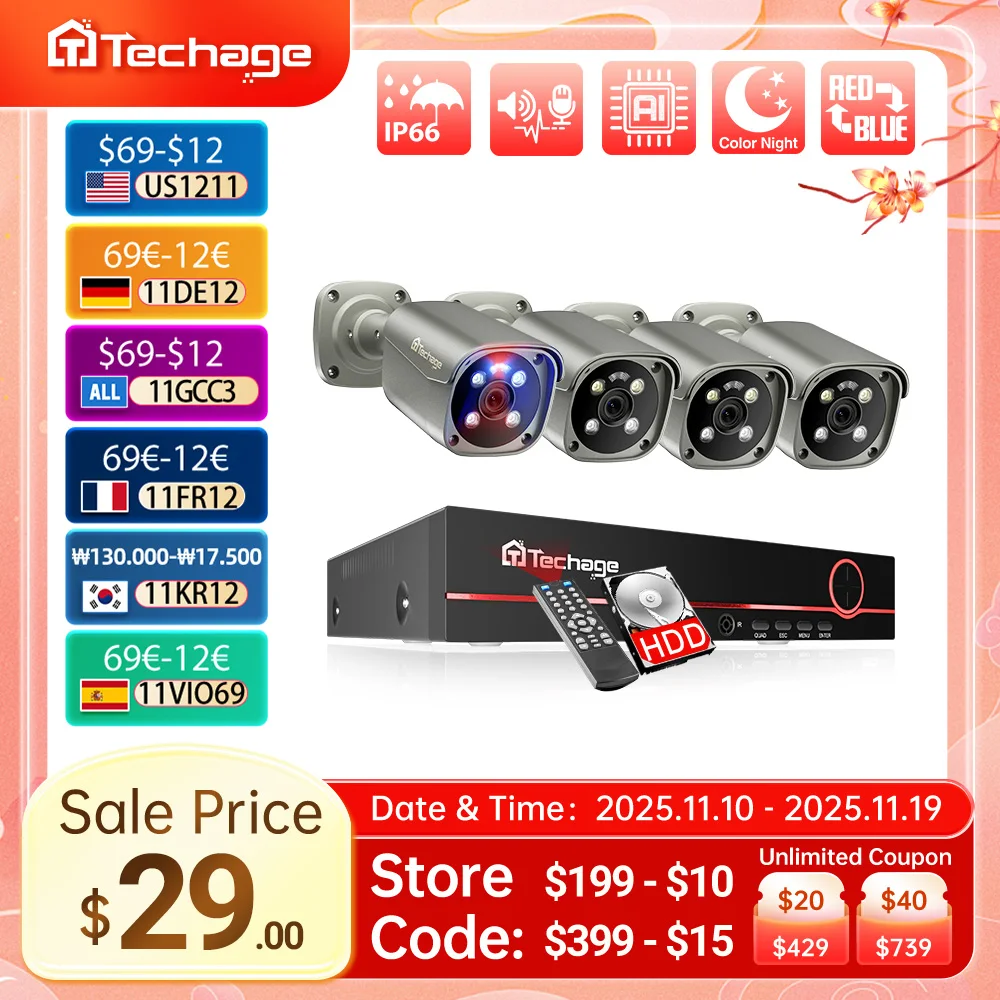 

Techage 4K 5MP 8MP Surveillance Camera System H.265 8CH POE NVR Kit Human Detection Red-bule Light Alarm CCTV P2P Video Audio