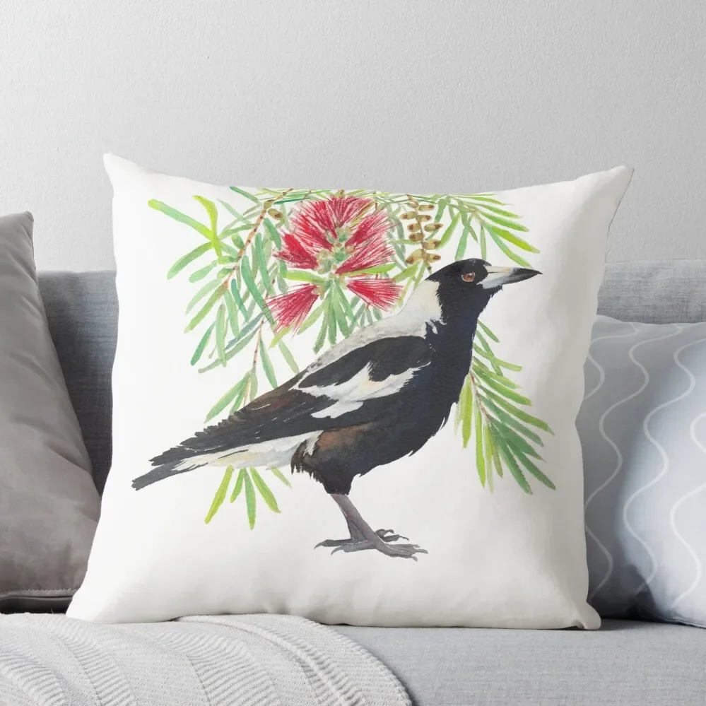 

Australian Magpie and bottlebrush tree branch with red flowers watercolour Throw Pillow luxury decor