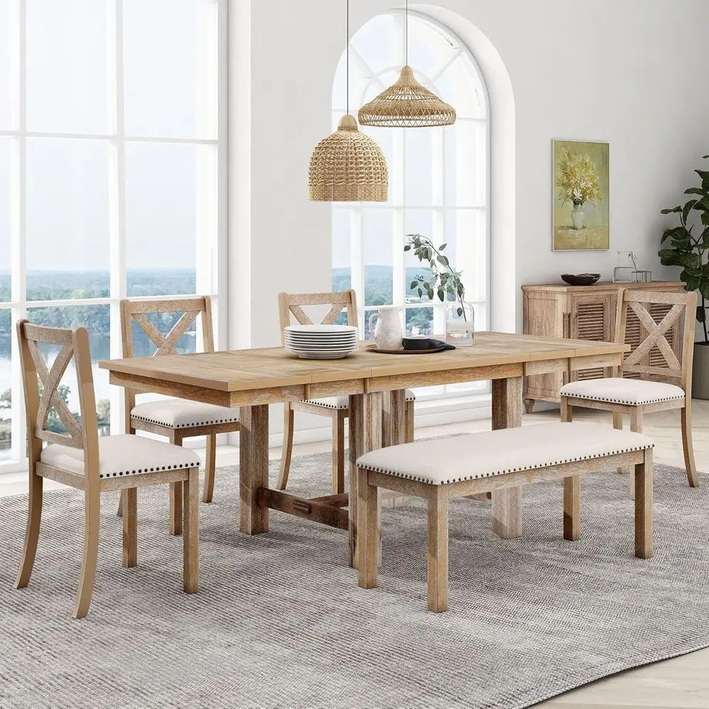 

6-Piece Acacia Wood Dining Set with 82 Table, Removable Leaves, Upholstered Chairs & Bench, Natural and Beige Cushions