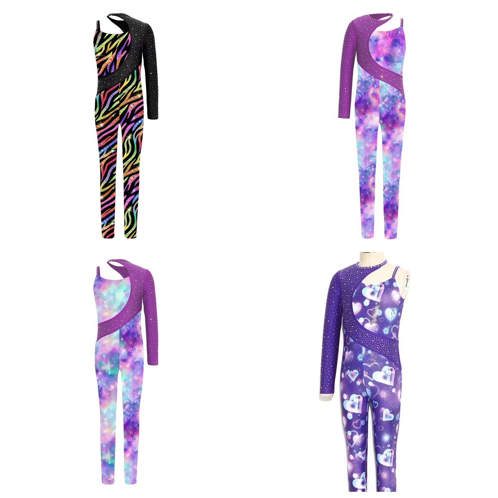 Children Asymmetrical Full Length Bodysuit for Performance Competition Gymnastics Leotards for Girls Printed Dance Jumpsuit