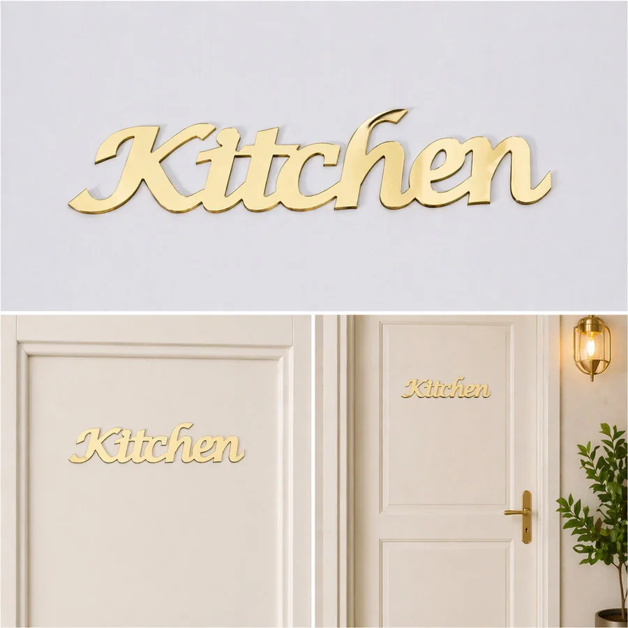 Kitchen Script Door Plates Different Size Acrylic Mirror Wall Sticker Design with Self-Adhesive Glue Home Decor