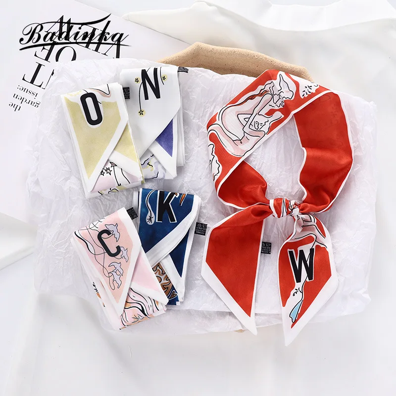 26 Initial Letter Silk Hair Satin Scarf Bag  Skinny Scarves Design Wrist Towel Foulard Neckerchief Headband for Ladies 2022