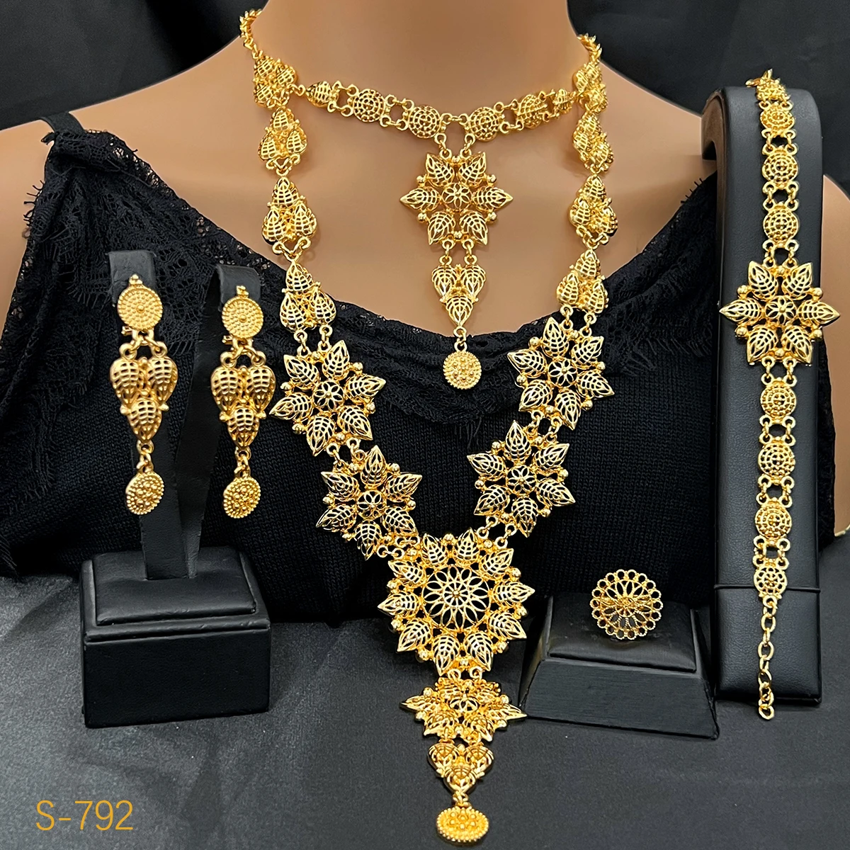 Luxury Dubai 24K Gold Color Long Necklace Set Nigerian Party Bridal Wedding Ethiopian Indian j=Jewellery Wholesale New Gifts