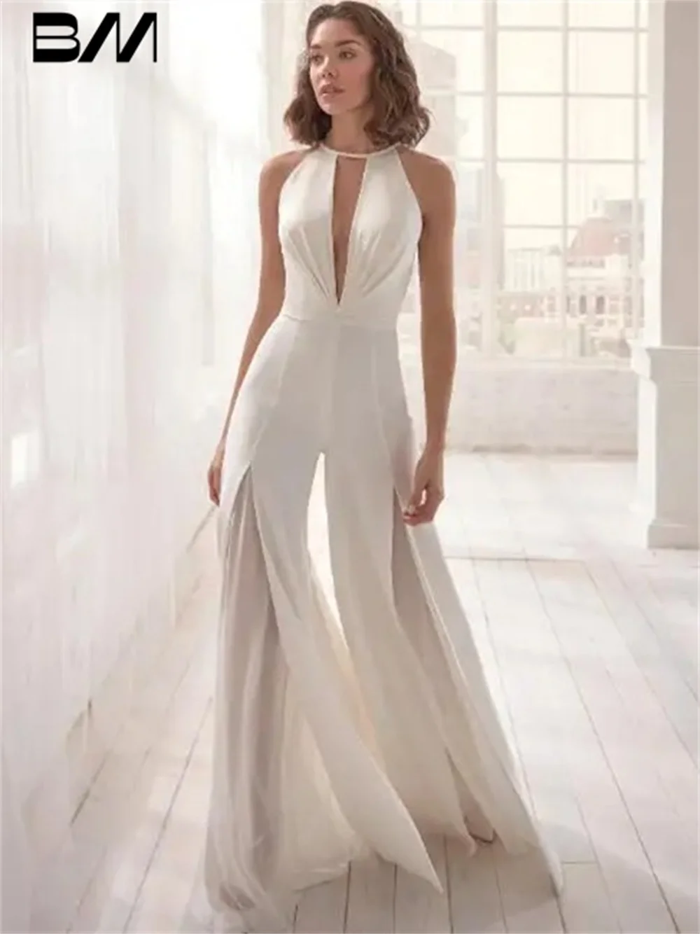 

Elegant Jumpsuits Evening Dresses Spring Summer White Sleeveless Deep V-neck Charming Dress Backless Halter Skirt For Birthday