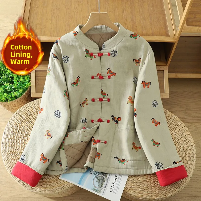 

Retro Winter Cotton Jaet Women's Lightweight Casual Sle Buttoned Coat Floral Pattern Loose Fit Long Sve Regular Length