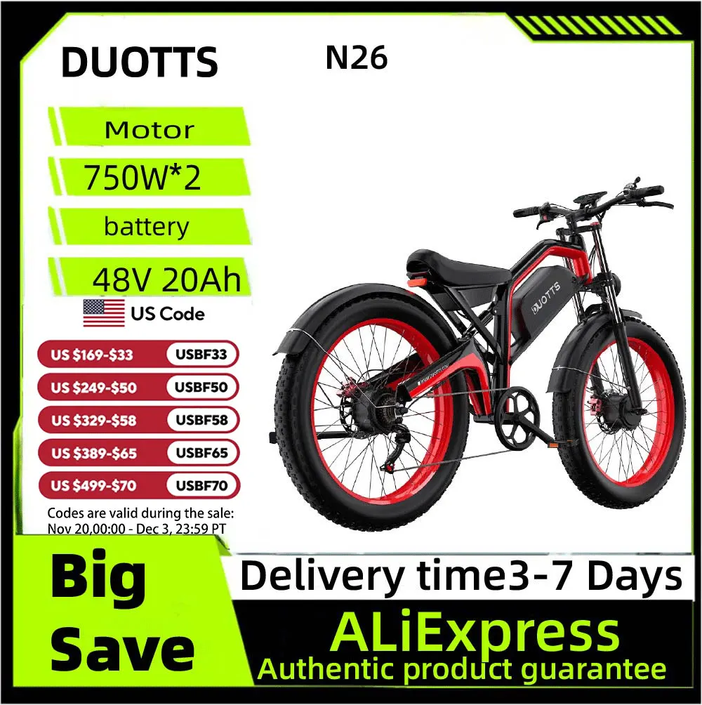 

DUOTTS N26 Dual Suspension Adult E-Mountain bike 48V 20Ah Battery Dual Motor 26 inch Fat Tire Off-road Electric Bicycle