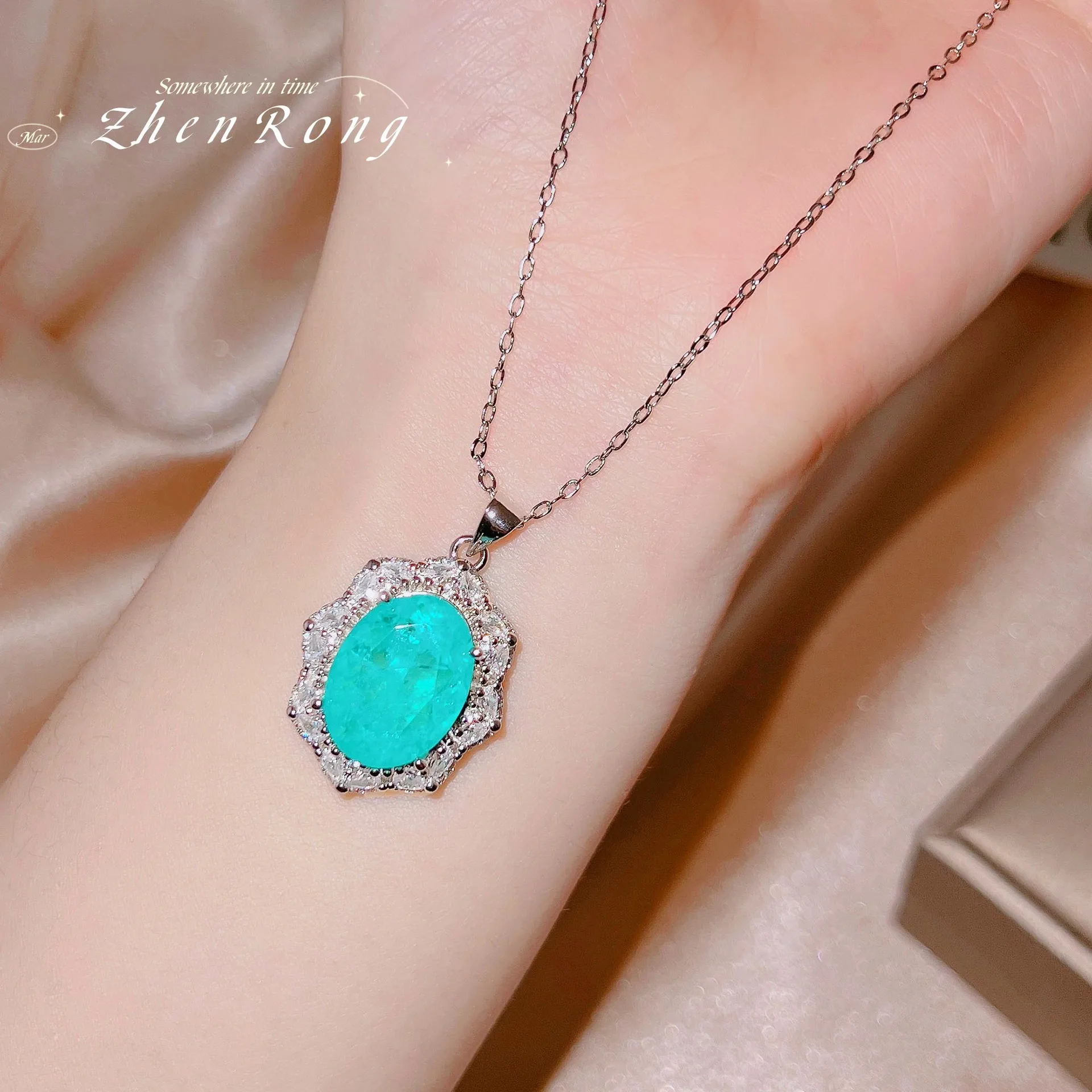 

Luxury Lake Blue Egg-shaped Large Lab Diamond Brazil Paraiba Tourmaline Vintage Pendant Necklaces For Women Chokers Gifts