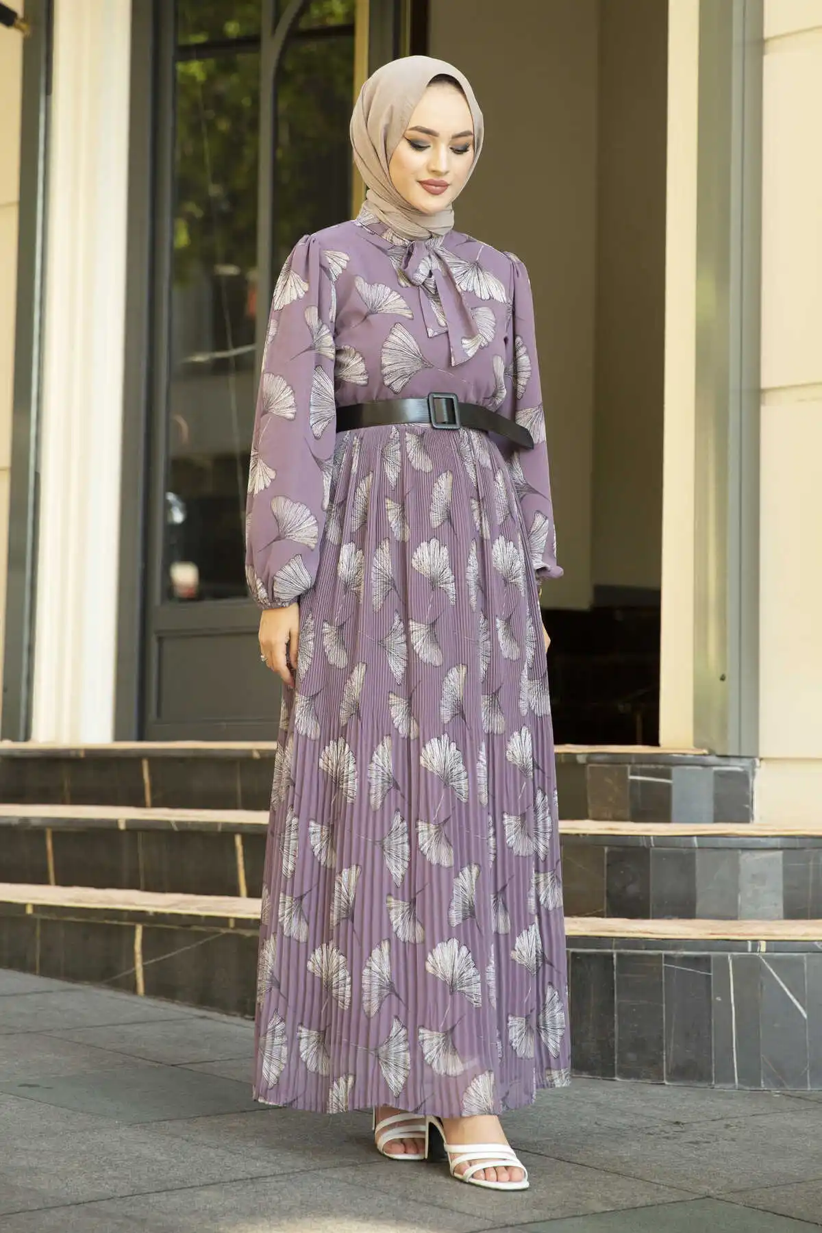 Oyster Patterned Skirt; Pleats Dress Lilac Winter Autumn 2021 Muslim Women Hijab headscarf islamic Turkey