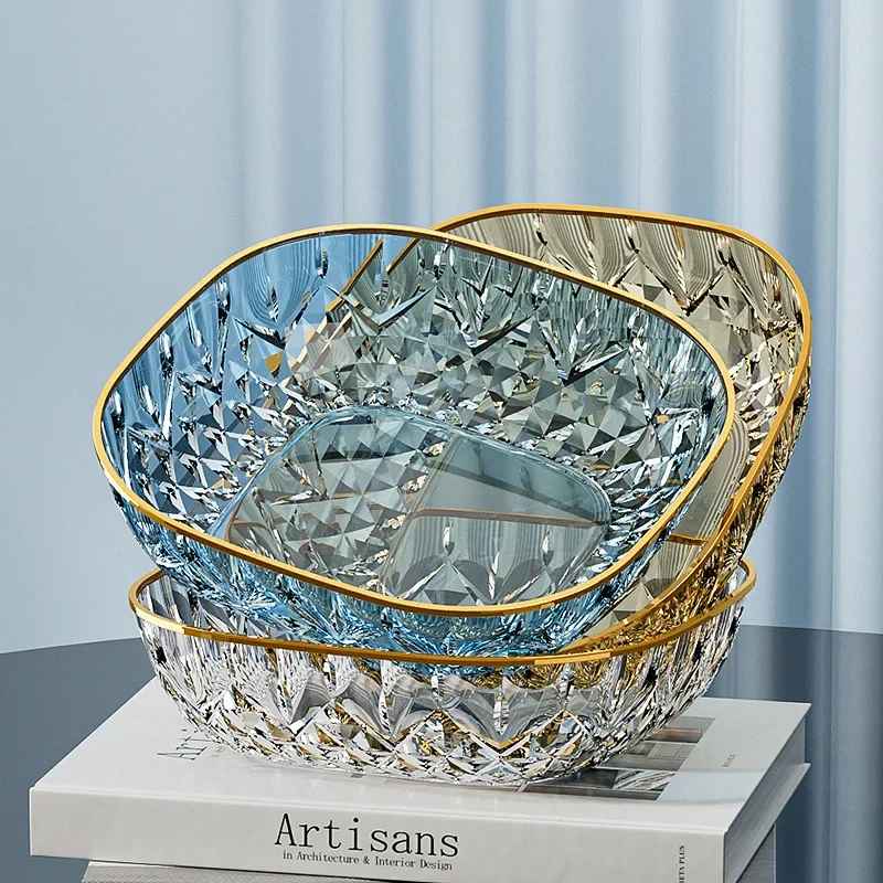 Cuenco de fruta para el hogar, plato para galletas, postre, ensalada, bandeja transparente cuadrada de plástico, platos para aperitivos con borde dorado, vajilla, 1 Uds.