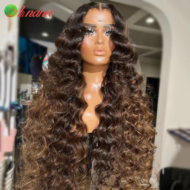 30 Polegada 13x6 ombre brown onda profunda solta peruca frontal do laço pré-arrancado 5x5 perucas do fechamento do laço destaques perucas do cabelo humano para mulher