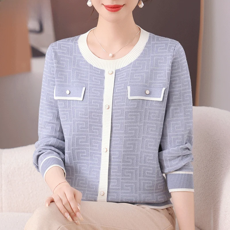 

Женский вязаный свитер с длинным рукавом для среднего возраста, омолаживающий эффект, базовый слой, весна-осень, повседневный, свободный крой, на пуговицах