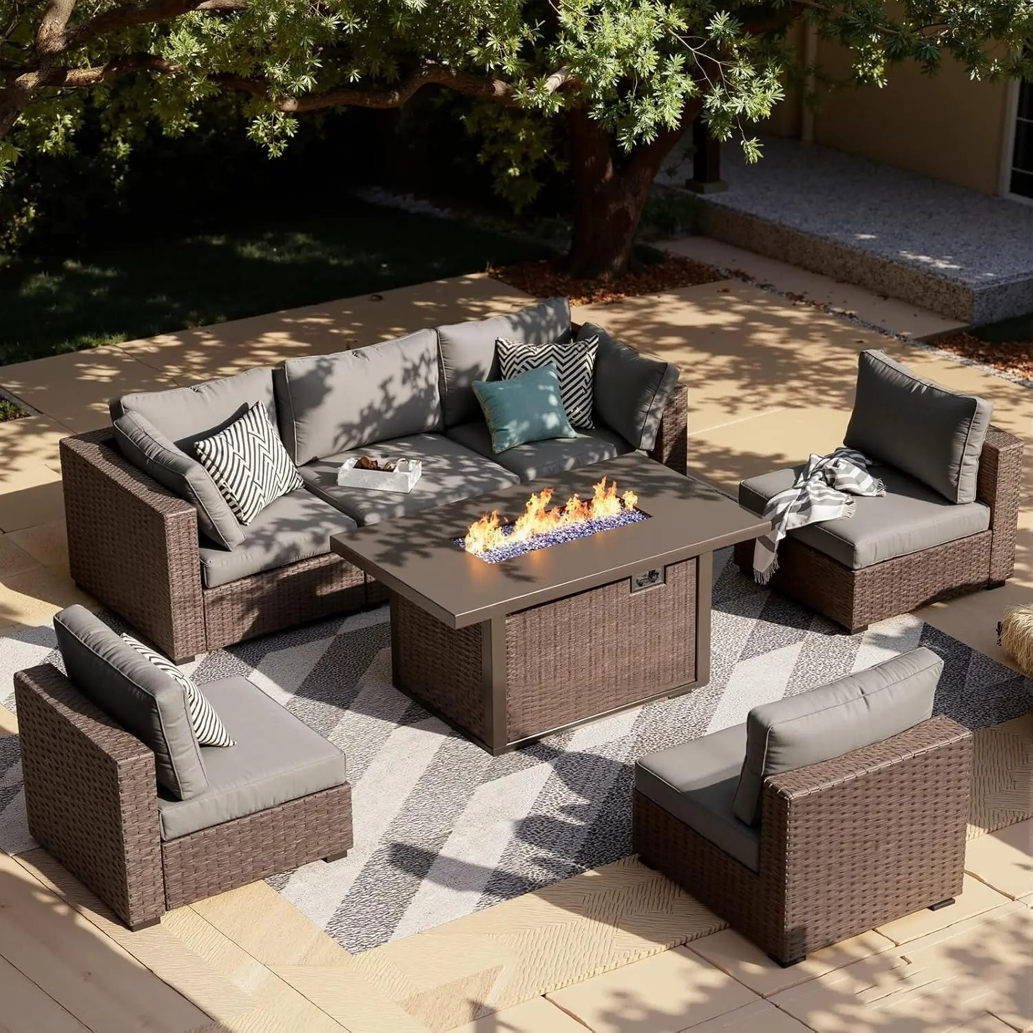 7-Piece Patio Sectional Sofa Set with 44" Propane Wicker Firepit Table & Cushions for Backyard Poolside Garden, Custom