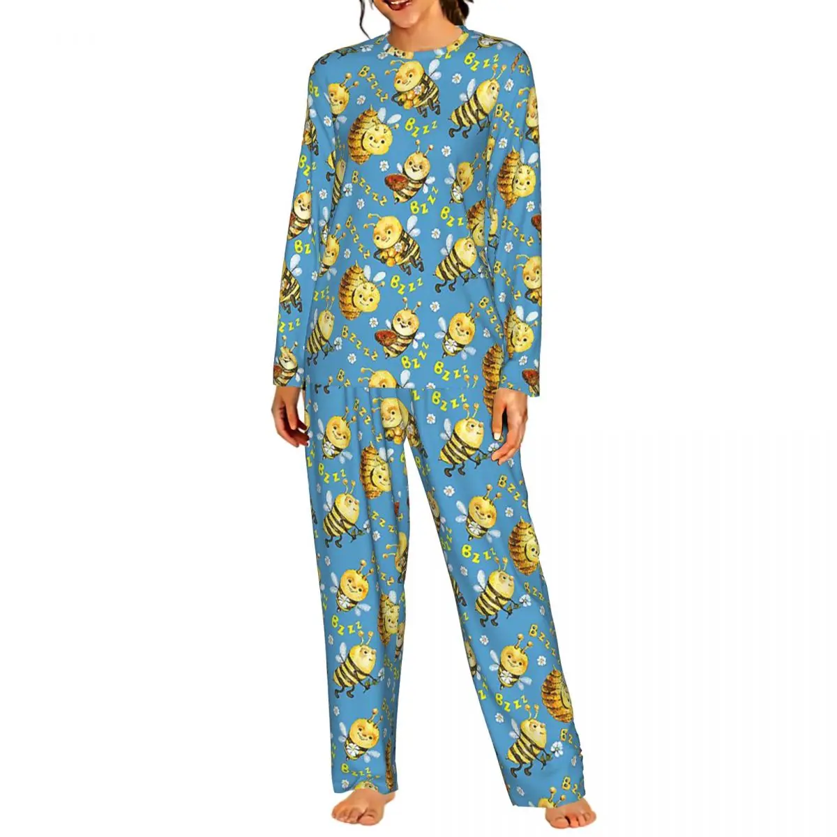 Bee Honey Pattern With Blue Background Round Neck Long Sleeve Nightgowns for Sleepshirts Women Loose Pajama Set Long Pants