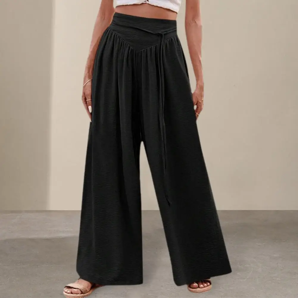 

Women Pants Elastic Wide Waistband Straight Wide Leg Casual Trousers With Lace-up Solid Color Long Pants Streetwear