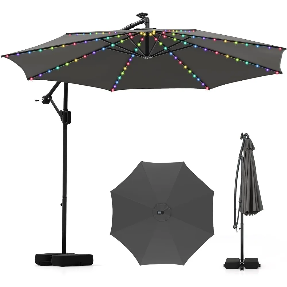 

10 FT Solar Cantilever Patio Umbrella with Base, Offset Hanging Outdoor Umbrella with 96 Multi-Colored Flowing LED Light