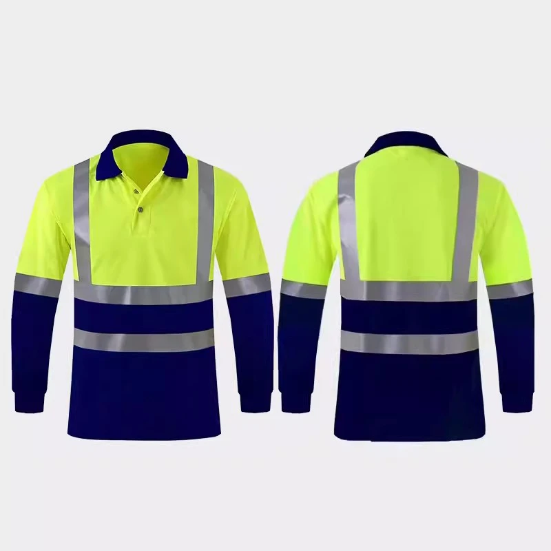 Summer Quick Dry Shirt Hi Vis Workwear Contrast Color Safety Long Sleeve Polo Shirt Reflective Work Tops For Working