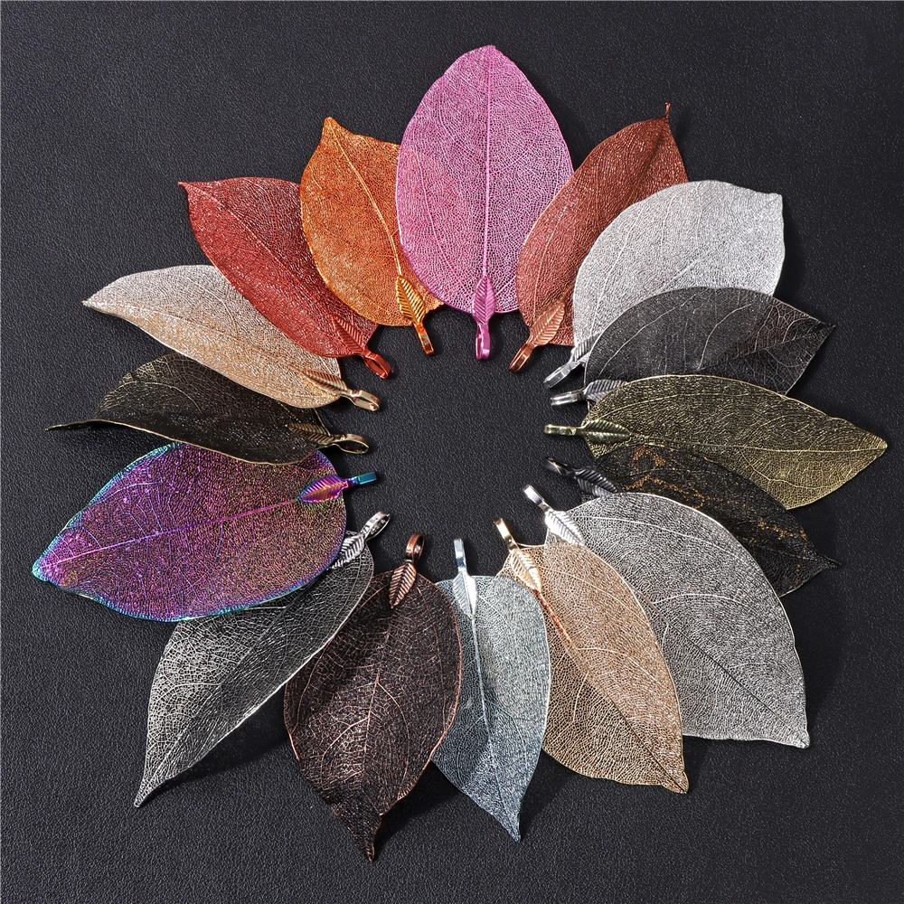 Fashion Real Leaves Long Pendant Electroplated Alloy Muticolor Leaf Charms For  Bohemian Jewelry DIY Necklace Earrings 5pcs/lot