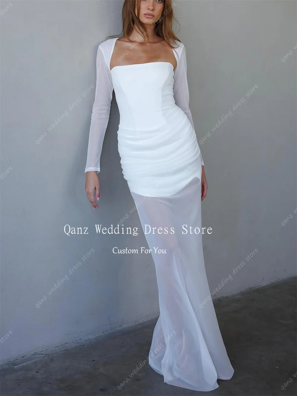 فساتين زفاف نسائية عصرية من Qanz حورية البحر باللون الأبيض الوهم فيستدوس دي نوفيا حورية البحر المدنية بأكمام طويلة رداء دي ماري مخصص #3