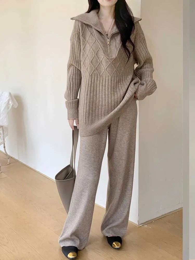 Casual Half Zipper Lapel Pullover Knit Sweater+Wide Leg Pants Two-Piece Set 2024 Winter New Fashionable Women'S Clothing