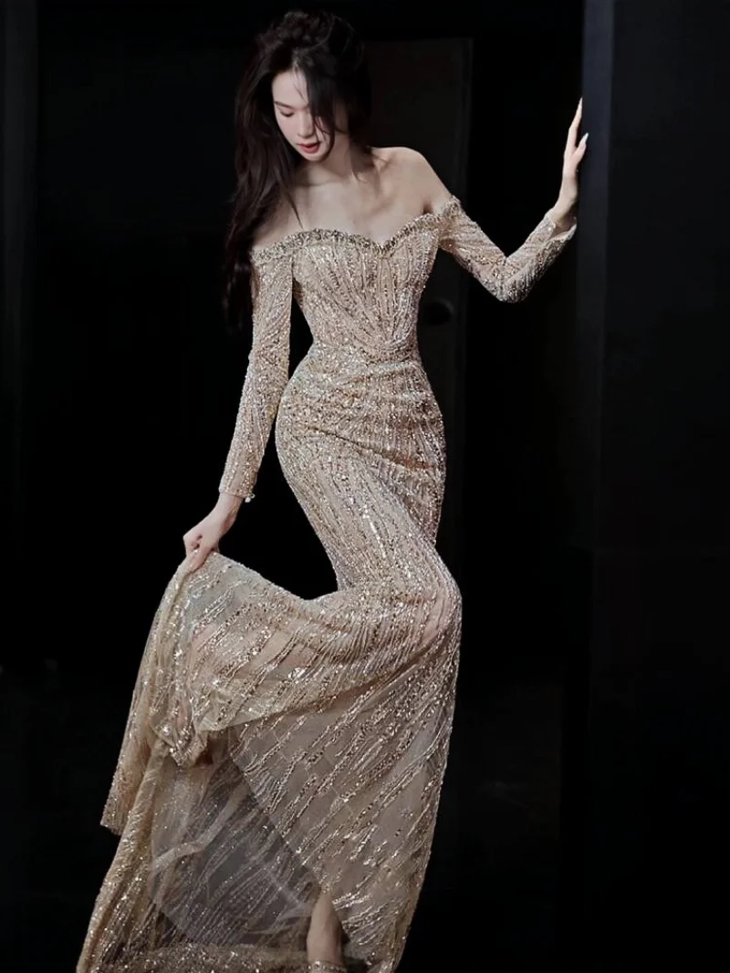 

Extravagant Champagne Color Evening Dress Mermaid Long Sleeve Strapless Sweetheart Neckline Celebrity Formal Occasion Prom Dress